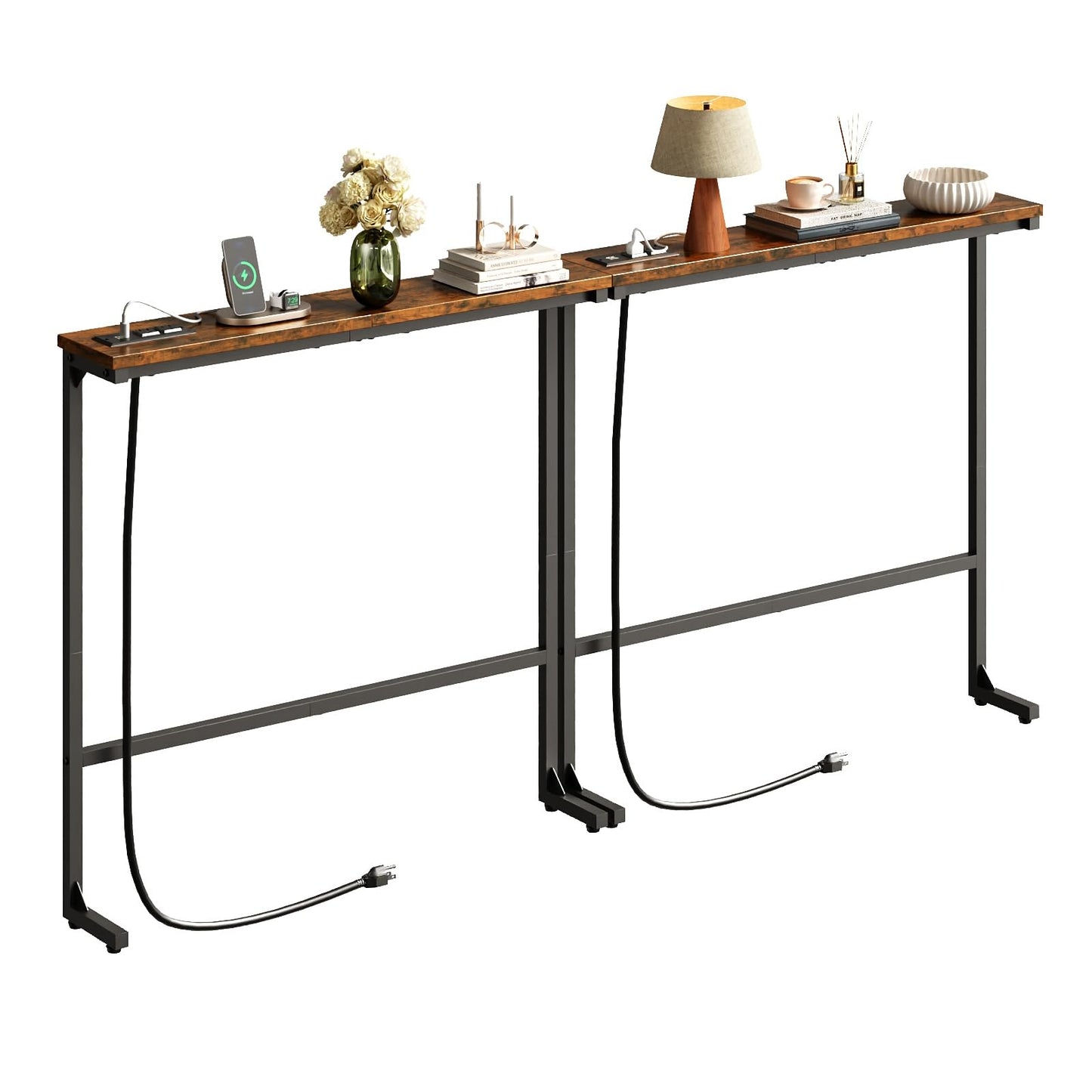 HavenlyYouth 63 Inch Narrow Console Table with 2 Power Outlets, Behind Couch Table with Charging Station, Small Space Sofa Behind Table for Living Room, Entryway, Hallway, Rustic Brown
