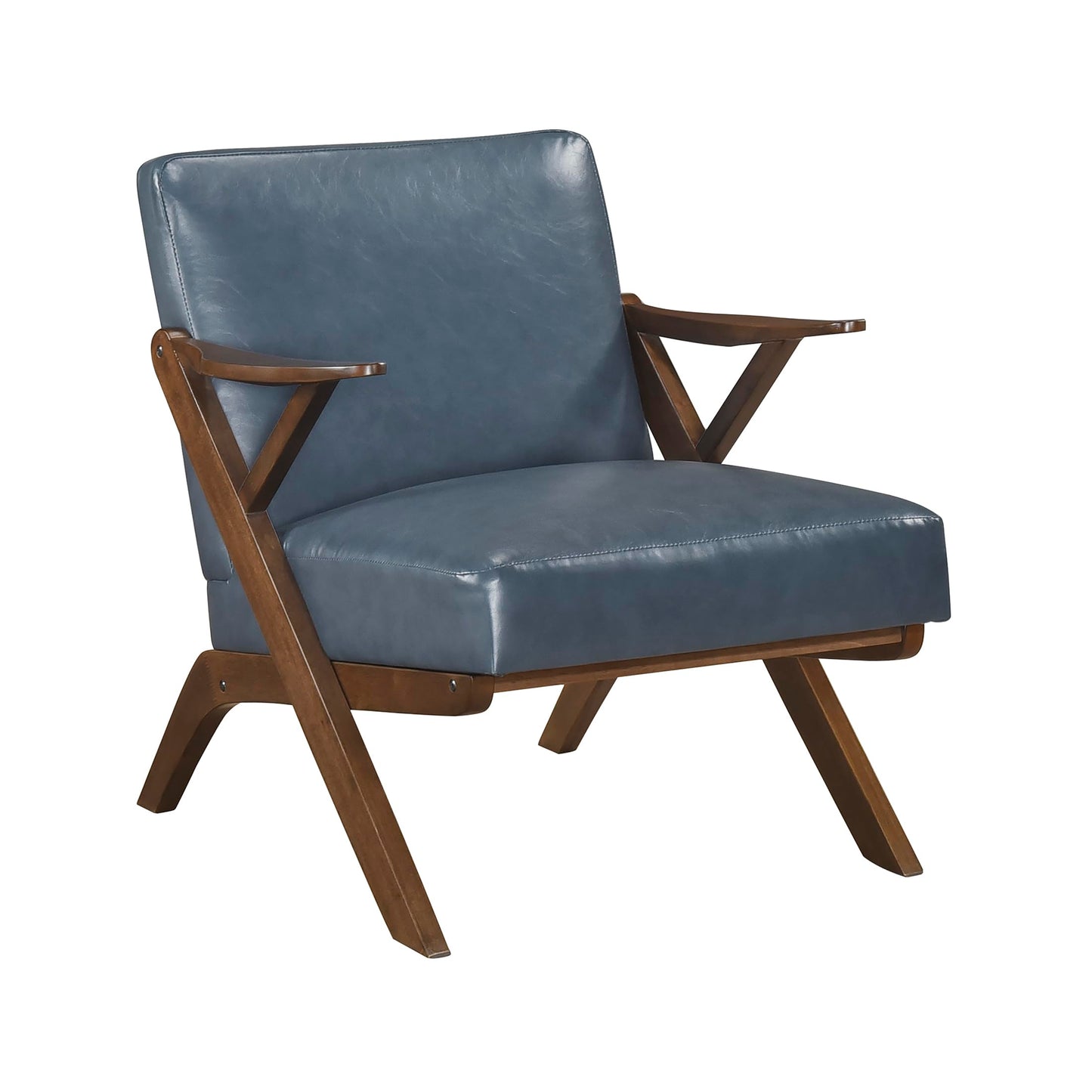 Lexicon Mid Century Modern Accent Chair, Faux Leather Upholstered Lounge Seat, Brown Finish Solid Wood Framed Comfy Side Chair for Living Room/Bedroom/Office/Waiting Area, Blue