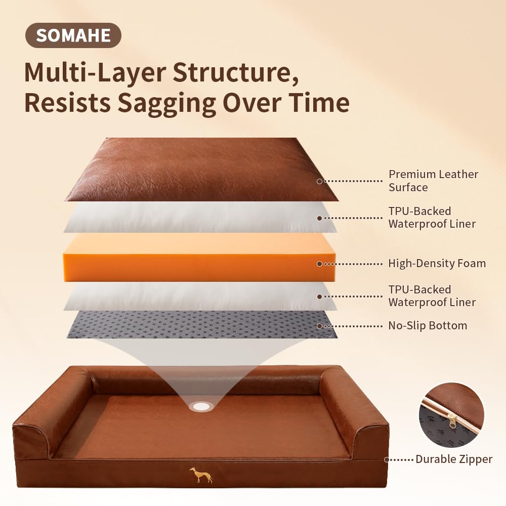 SOMAHE Leather Dog Bed Couch, Orthopedic Waterproof, 35"x28", Brown
