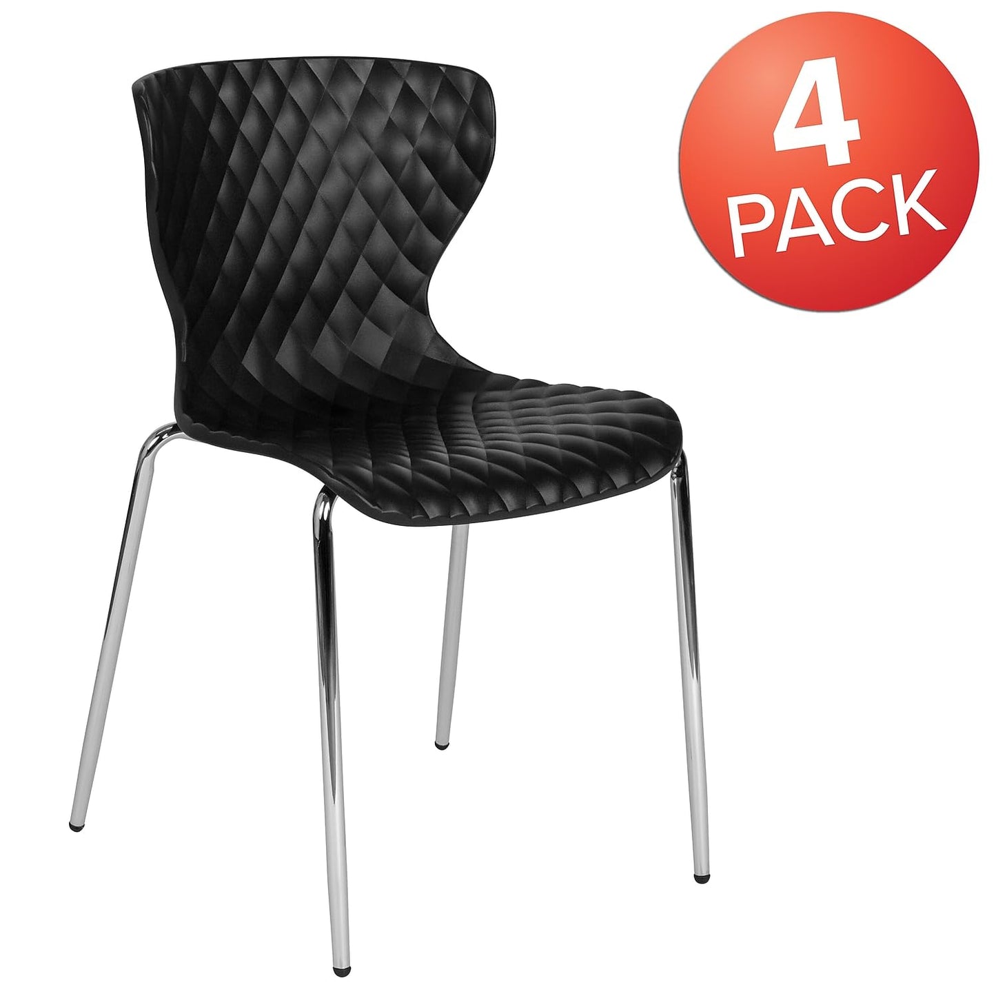 Flash Furniture Lowell Plastic Stacking Chairs for Waiting Rooms and Offices, Ergonomic Lobby Chairs with Patterned Back and Seat, Set of 4, Black