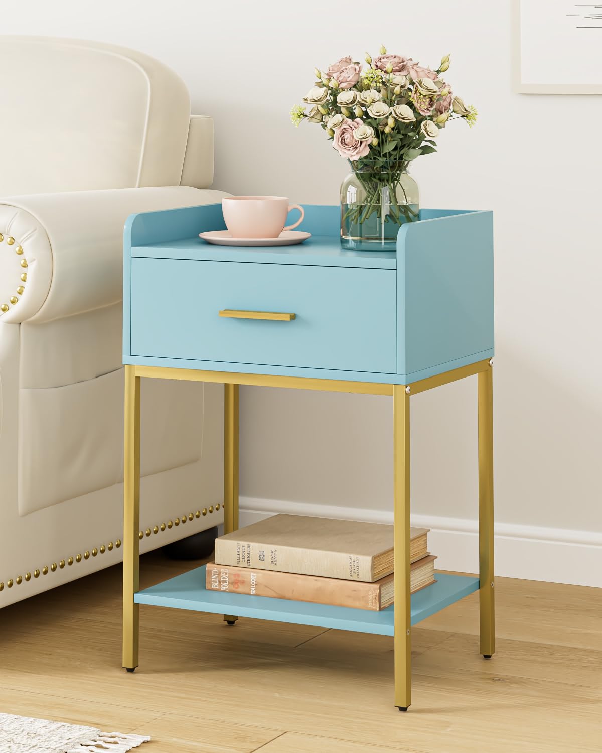 Apetaccat Nightstand,Modern Bedside Table Night Stand with Storage Drawer and Open Shelf,Small End Side Table for Bedroom,Living Room,Blue