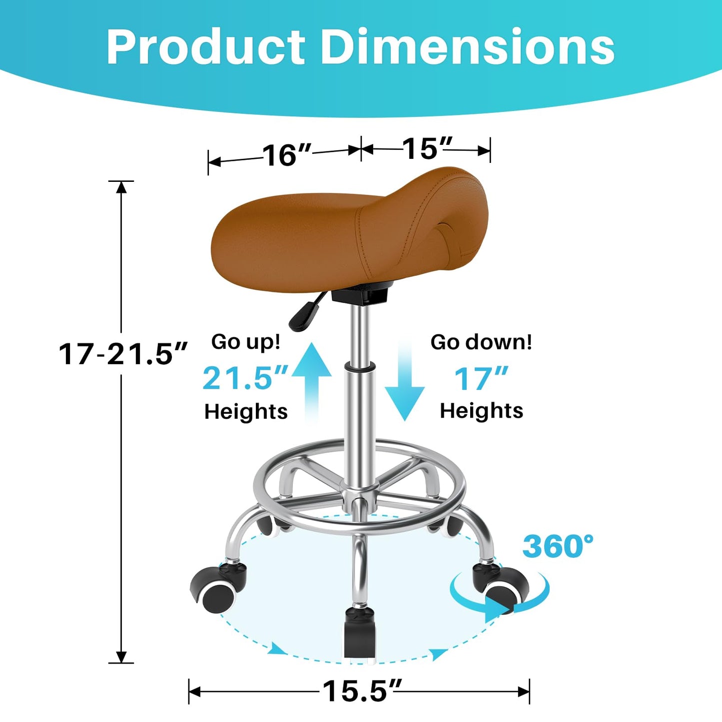 YEEZEE Saddle Stool Ergonomic- Comfortable Rolling Saddle Stool with Wide Thick Saddle Seat Padding, Swivel Adjustable Saddle Chair with Wheels and Ring Pedal for Medical Massage Salon (Brown)