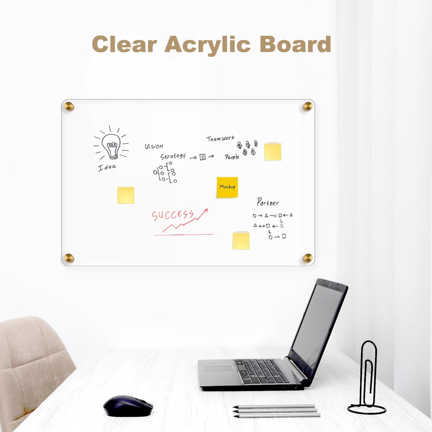 AMUSIGHT Large Clear Acrylic Dry Erase Board, 36" X 24" Golden Non-Magnetic Frameless Clear White Board for Wall, Erasable Acrylic Board for Wall, Home, Office, School, 2 Markers