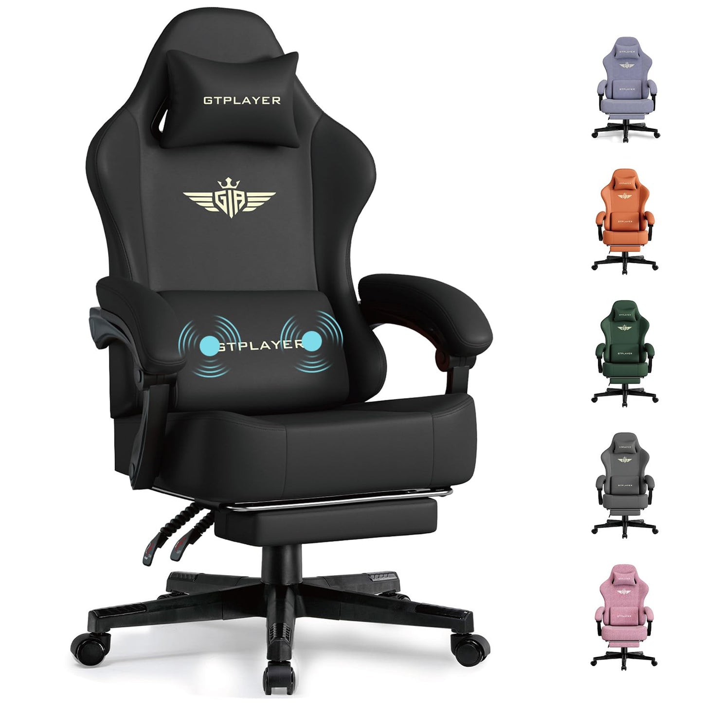 GTPLAYER Gaming Chair with Pocket Spring Cushion, Big and Tall Gamings Chairs 350LBS High Back Computer Chair with Footrest for Adults Lumbar Support Swivel Game Chair for Office,Leather Black-Massage