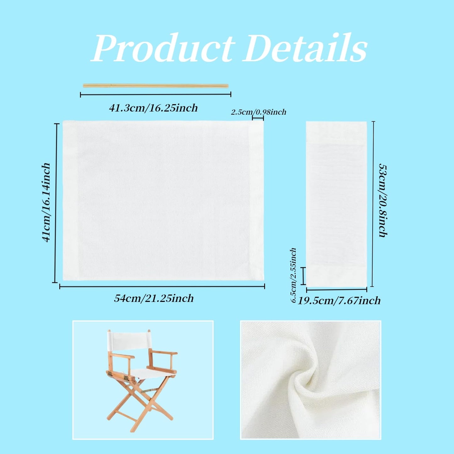 Wonafa 2 Set Director Chair Canvas Replacement with Wood Stick,21.2" L x 16.1" W/21.2X 7.8 Portable Replacement Cover Canvas for Directors Chair，Casual Director Chair Replacement Canvas (White)