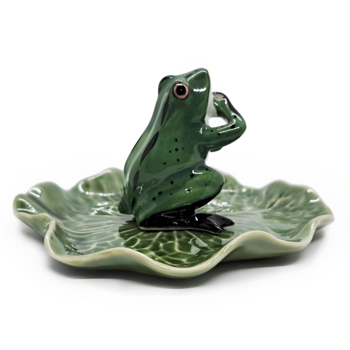 BestySuperStore 2" Dark Green Frog On 4" Wide Lotus Leaf Ceramic Incense Stick Holder Artistic Collectible Figurine for Adult Collectors Interior Accent Gift Handcrafted Porcelain Home Room Decor