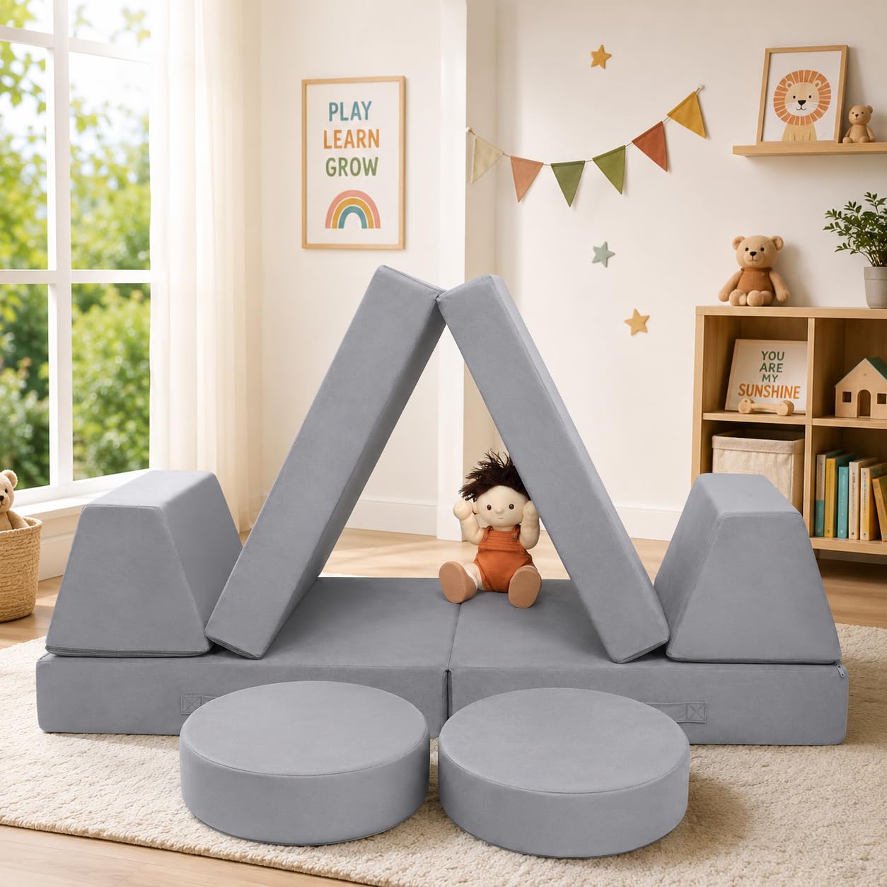 MeMoreCool Kids Couch, Light Grey Modular Foam Play Couch, Ages 3+