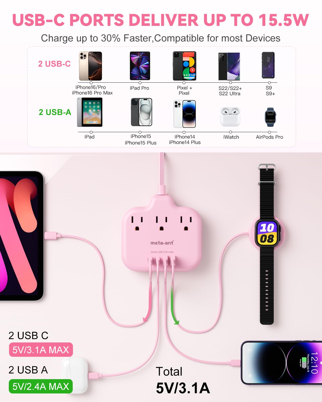 Pink Extension Cord with 3 AC Outlets & 4 USB Ports (2 USB-C), Pink Desk Accessories, 1625W Cute Extension Cord for Travel Curise Kawaii Desk Office Bedroom Accessories