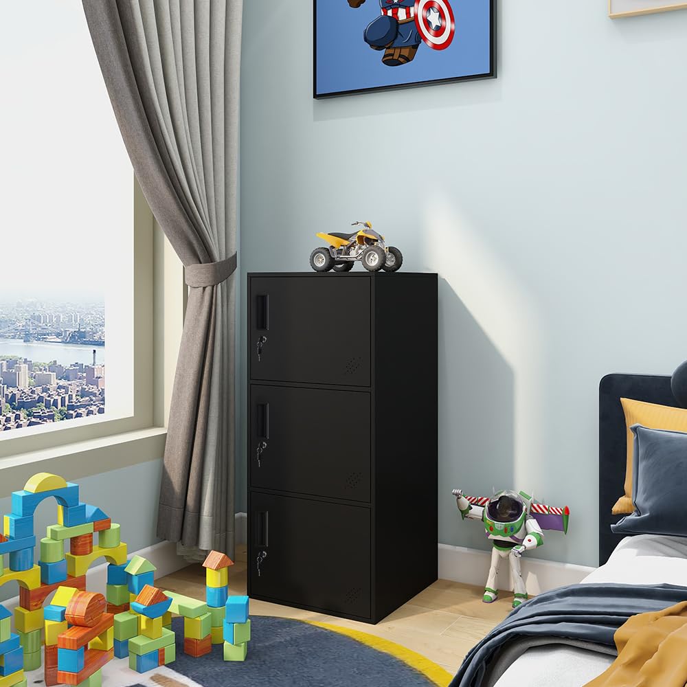 DAYTOYS 3 Door Metal Vertical Storage Locker for Kids Bedroom, Children Room, School, Office, Home,Stackable Steel Storage Cabinet for Toys, Sports Equipment,Anti-Falling Device. (3D, Black)