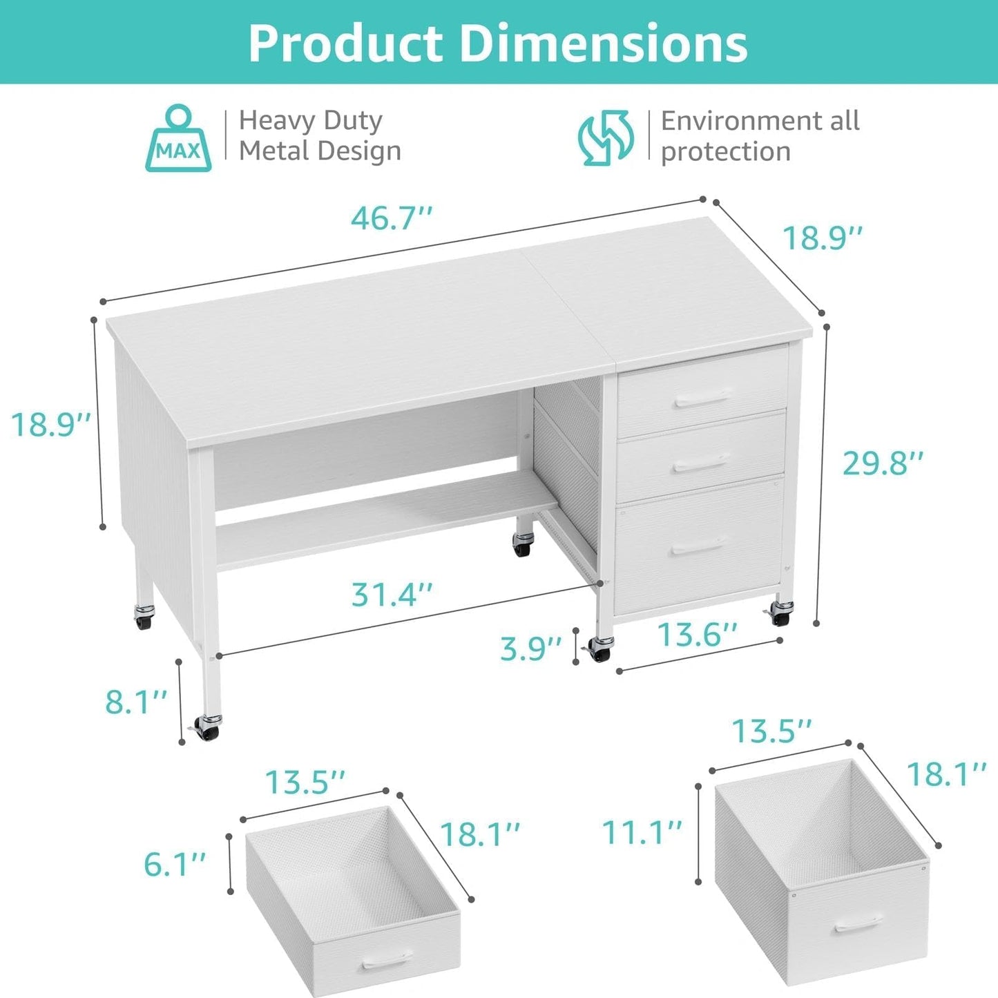 WINAZ Rolling Teacher Desk with File Drawers - 47 Inch Mobile Computer Desk with Privacy Panels & 3 Storage Drawers on Wheels, White Office Desks Workstation for Classroom & Home Office