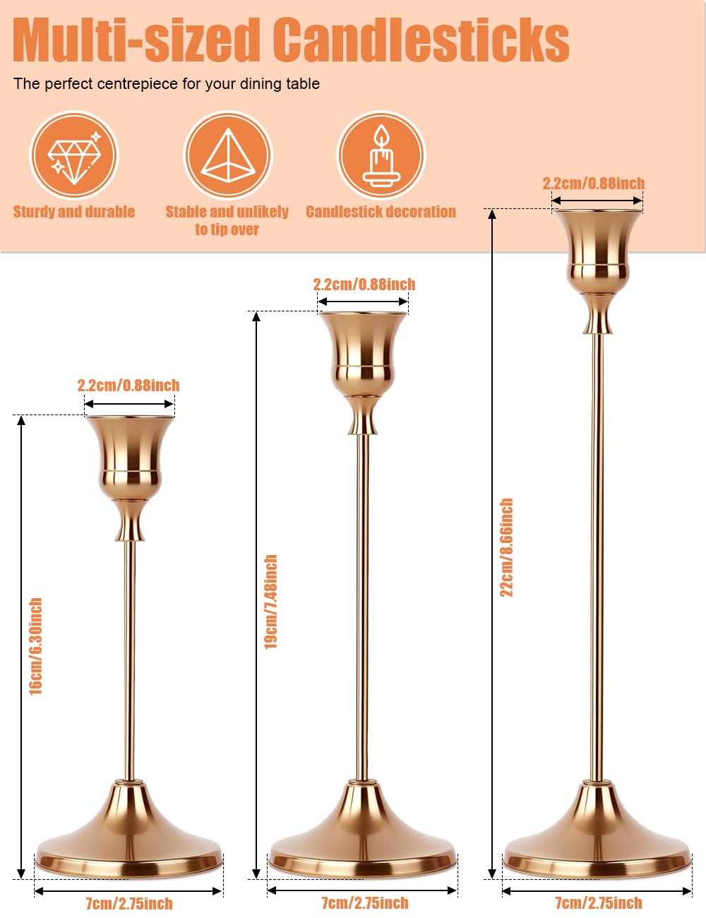 4 Sets(12 Pcs) French Gold Tapered Candle Holder,Candlestick Tall Metal Candlestick Holders for Table Centerpiece Home Decor for Wedding Fireplace Mantel Housewarming Gift Fits 3/4 Inch Thick Candles