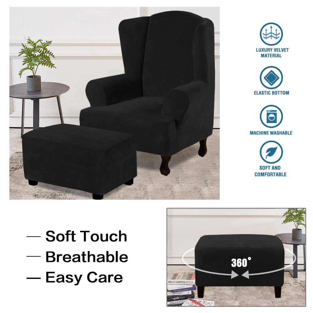 H.VERSAILTEX Real Velvet Plush 1 Piece Form Fit Stretch Rectangle Folding Storage Covers Ottoman Slipcovers Removable Footstool Protect Footrest Covers Elastic Bottom, Machine Washable(Large, Black)