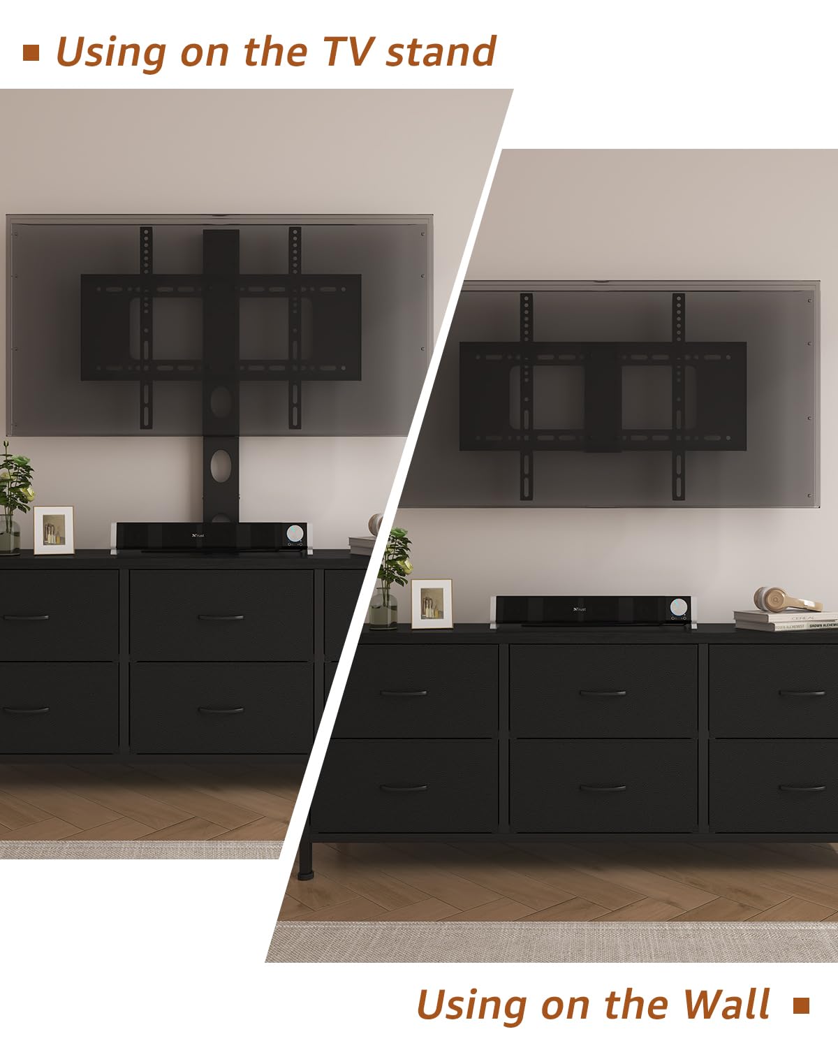 DrawXynth TV Stand with Mount, Fabric Dresser with 6 Drawers for 32/45/55/60/65/75 inch TVs, Black Dresser Entertainment Center, Modern Media TV Console Table