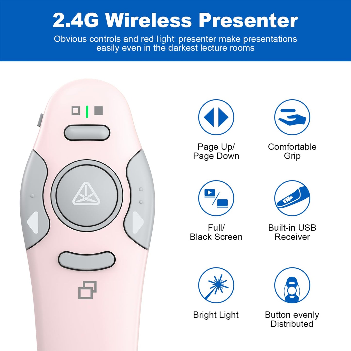QUI Presentation Clicker Wireless Presenter Remote Clicker for PowerPoint Presentation Remote, PowerPoint Slide Advancer for Mac/Windows/Google Slide/Keynote, Pink, A-C