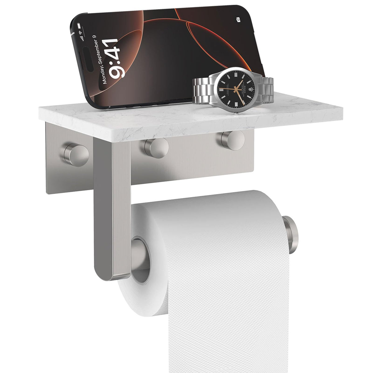 BATHLAVISH Toilet Paper Holder with Marble Shelf, 304 Stainless Steel Tissue Hand Holder Wall Mounted Toilet Paper Roll Hold with Phone Shelf for Bathroom Kitchen Washroom Bedroom, Brushed Nickel