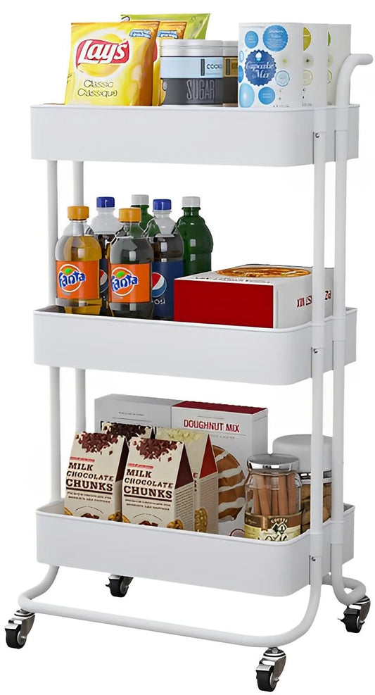 Sooyee 3 Tier Utility Cart,Rolling Cart with Handle and Lockable Wheels, Multi-Functional Storage Cart for Office, School,Living Room, Kitchen, Bathroom, Bedroom,Laundry, White