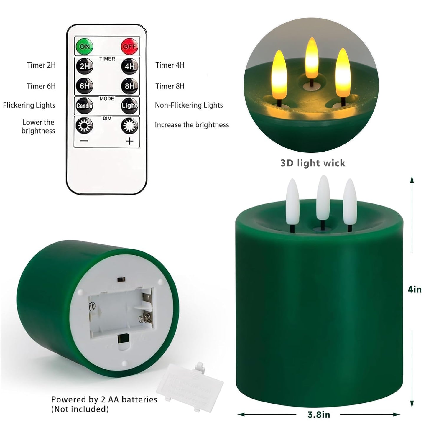 Large 3 Wick Flameless Candles, 4"x4" Flickering LED Candles with Remote & Timer, Dimmable Real Wax Pillar Candles Battery Operated, Green Candles for Home Christmas St. Patrick’s Day Decor (Green)