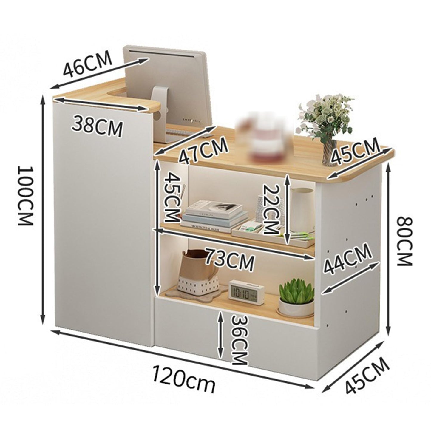Reception Desk Counter Table, Modern Retail Checkout Counter with Drawers, L-Shaped Cashier Cabinet Wooden Front Desk for Convenience Store Hotel Beauty Salon