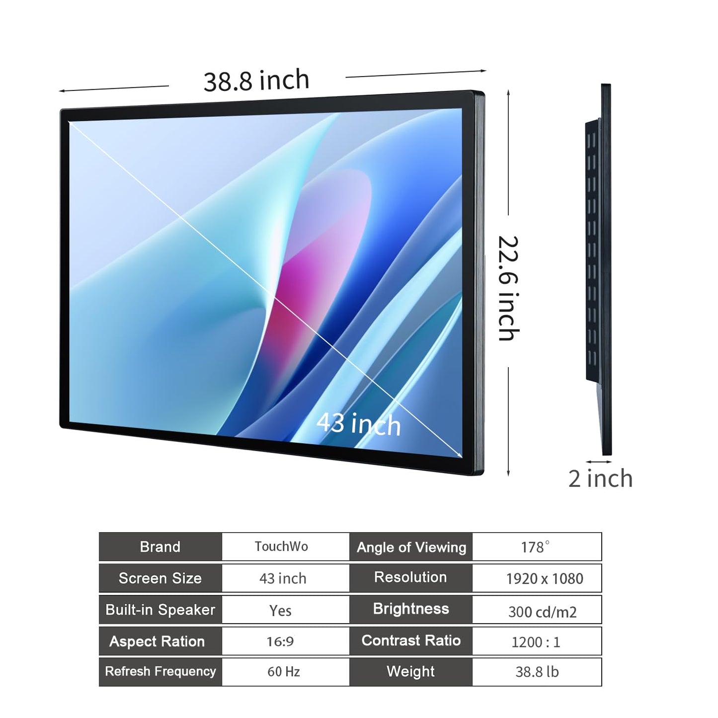 TouchWo 43 inch Interactive Touchscreen Monitor, Smart Board with 16:9 Display 1080P, Android 14 Touchscreen Electronic Whiteboard for Office and Classroom, RAM 4G & ROM 32G