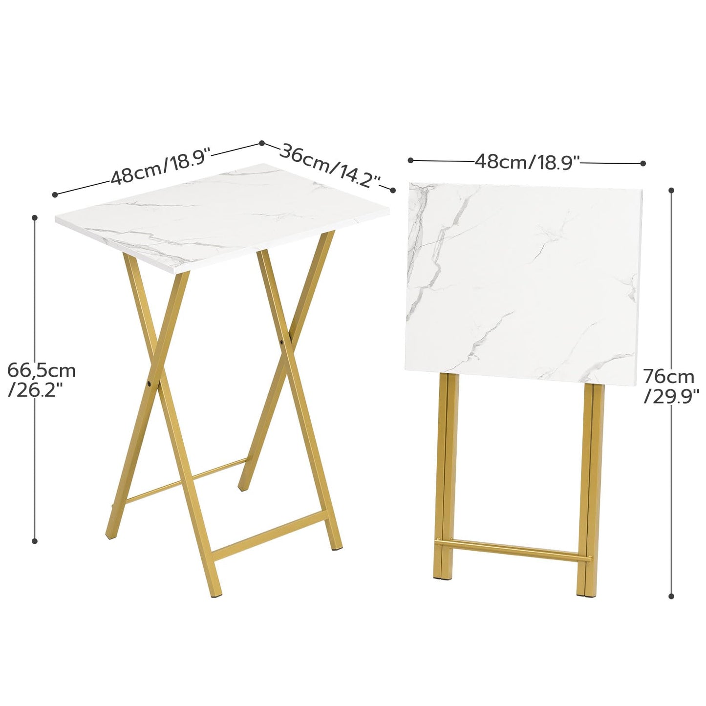 HOOBRO Folding TV Tray Tables, Set of 2 Side Table for Small Space, Industrial Snack Tables for Eating at Couch, Stable Metal Frame, Easy Assembly, Space Saving, Marble and Gold DM25BZ01