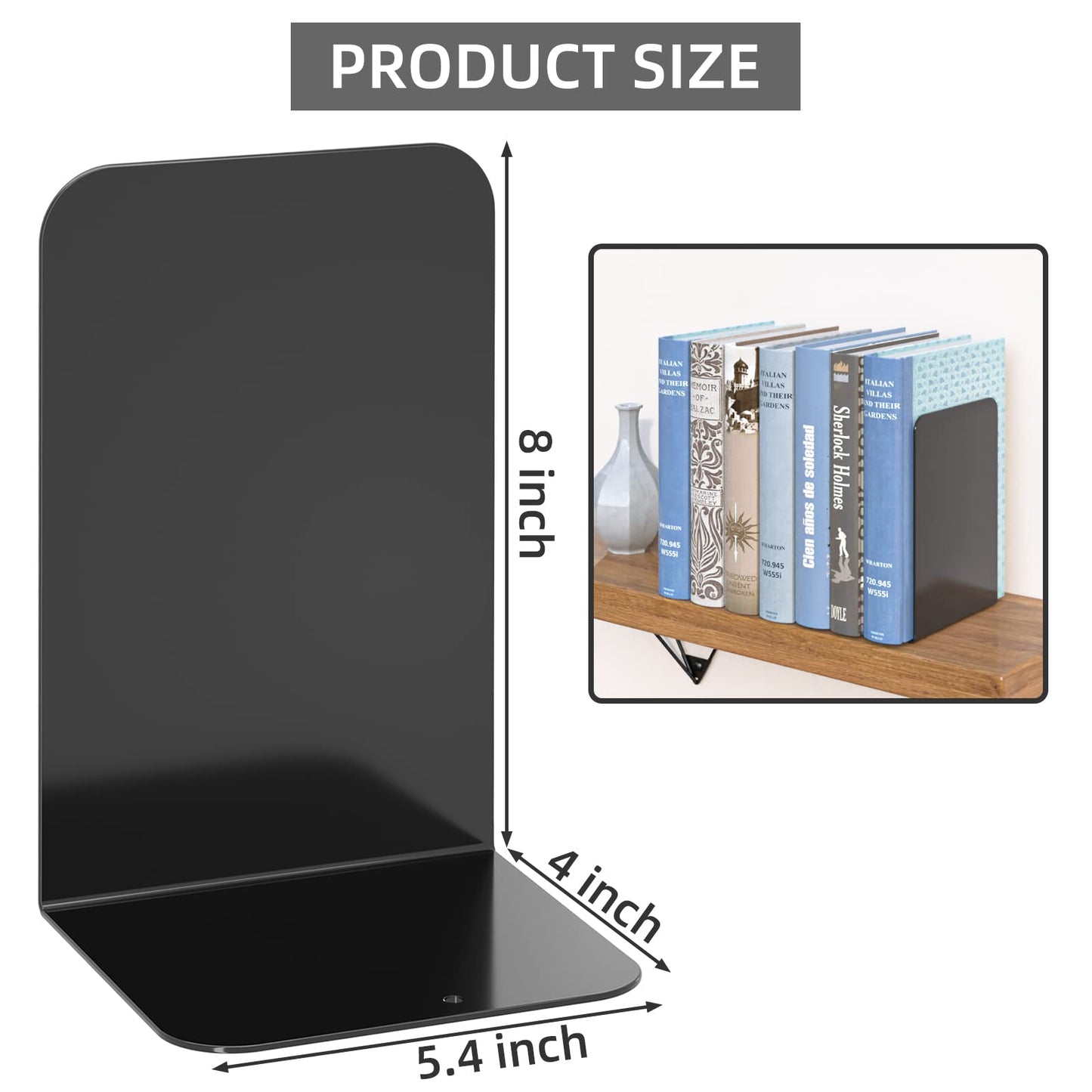 VFINE Bookends 4 Pairs, Black Metal Book Ends, Bookends for Shelves, Book Stopper for Heavy Books, Book Dividers for Home Office School Supplies