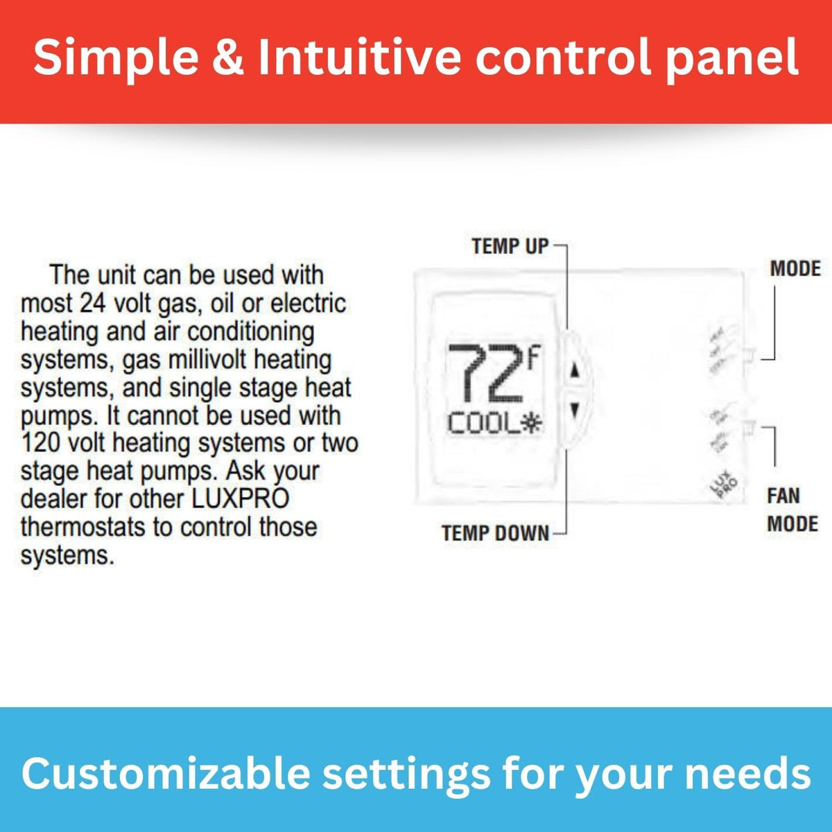 Lux Pro PSD111B Non-Programmable Thermostat for Home Use; 1 Heat, 1 Cool