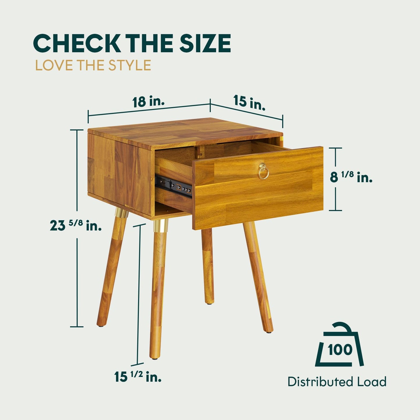 Bme Alden Solid Wood Nightstand/Side Table/End Table, Fully Assembled, with 1-Drawer for Mid Century Bedroom and Living Room, (12mm), Caramel