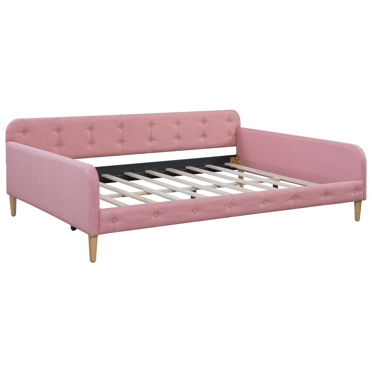 GDFStudio Full Size Upholstered Daybed with Support Legs, Linen Sofa Bed Frame with Button Tufted Sides, Wood Slat Support, No Box Spring Required, Modern Guest Bed for Bedroom or Living Room, Pink