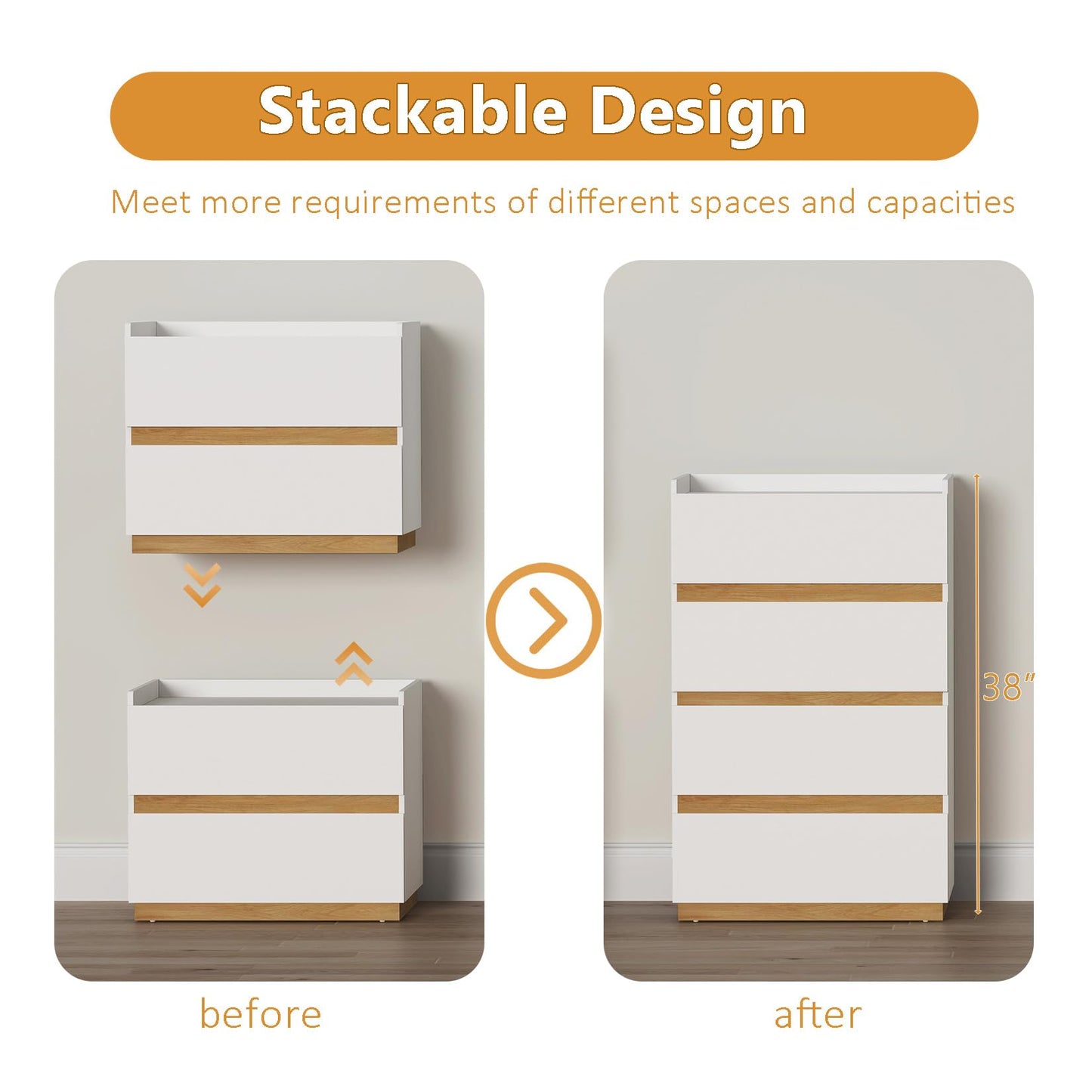 DAELIFKER Large Modern Nightstand White Bedside Table, 2 Drawer Dresser Wood Stackable Storage Drawers for Clothes for Closet, Bedroom, 24"x16"x20"