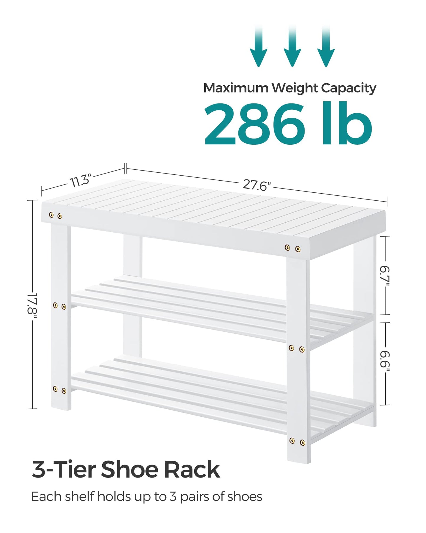 SONGMICS Shoe Rack Bench, 3-Tier Bamboo Shoe Storage Organizer, Entryway Bench, Holds Up to 286 lb, 11.3 x 27.6 x 17.8 Inches, for Entryway Bathroom Bedroom, Cloud White ULBS004W01