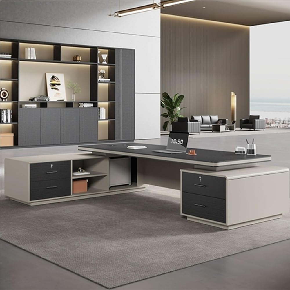 Executive Office Desk L Shaped Modern Corner Computer Workstation with Drawer Cabinet Business Furniture Desk Working Table for CEO Boss Manager Home Office(2400MM)
