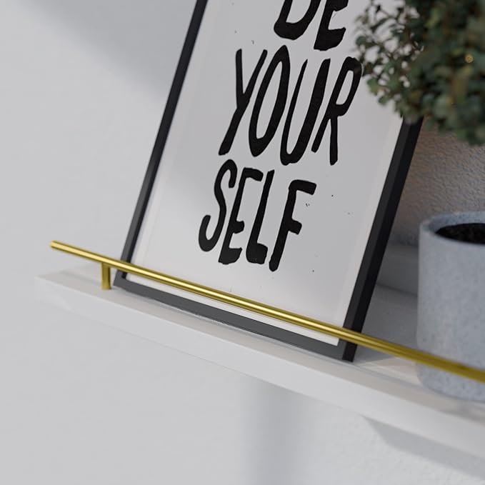 WOPITUES Floating Shelves with Gold Metal Guardrail, Shelves