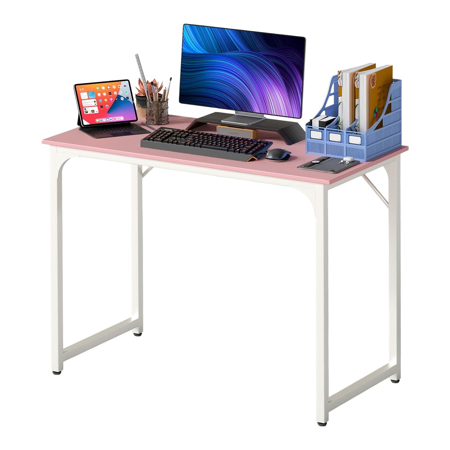 PayLessHere | 39 Inch Computer Desk | Pink | Office Desk with Metal Frame, Adjustable Feet | Water-Resistant, Scratchproof Surface | Sturdy Writing Table for Home Office or Study | Pack of 1