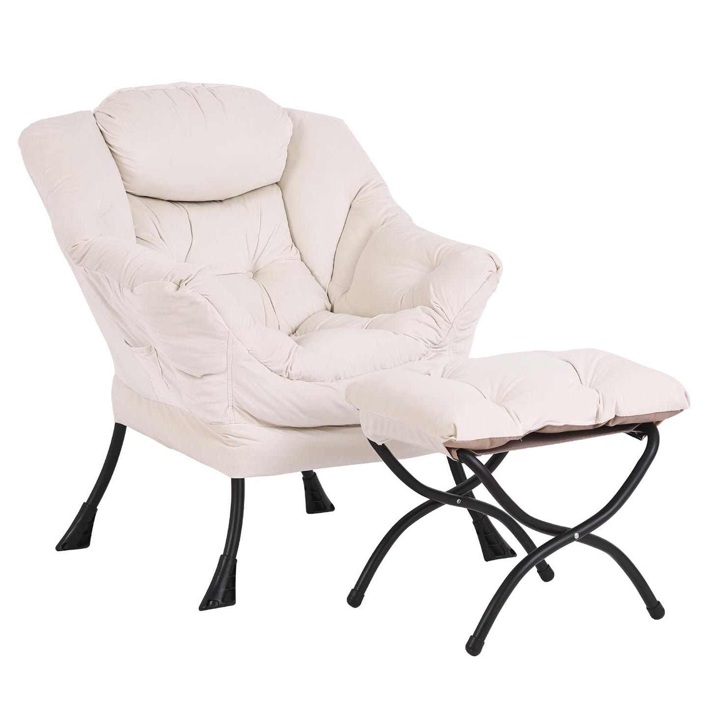 Givjoy Lazy Chair and Ottoman, Large Velvet Beige Accent Chair with a Side Pocket, Modern Leisure Upholstered Reading Armchair with Footrest for Office, Bedroom, Living Room, Dorm Rooms, Balcony