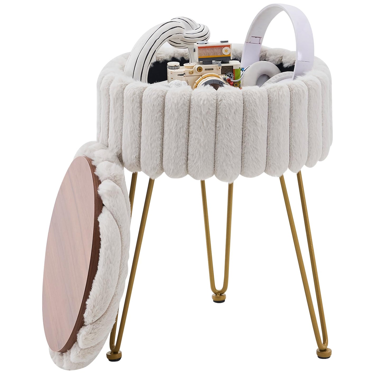 Wimarsbon Vanity Stool with Storage, Faux Fur Ottoman Chair with Metal Legs, Round Makeup Vanity Chair for Bedroom or Dressing Table, Modern Small Ottoman Seat (Light Grey)