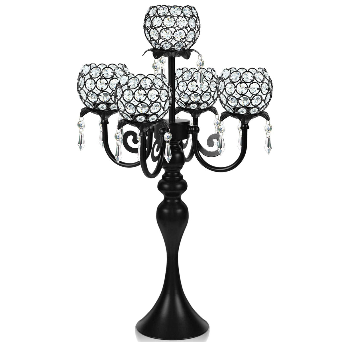 kolnlala 22.5 Inch Black 5-Arm Tea Light Crystal Candle Holder/Candlestick, Exquisite and Gorgeous Crystal Candelabra Table Centerpiece for Wedding/Holiday Events, Parties & Home Decor