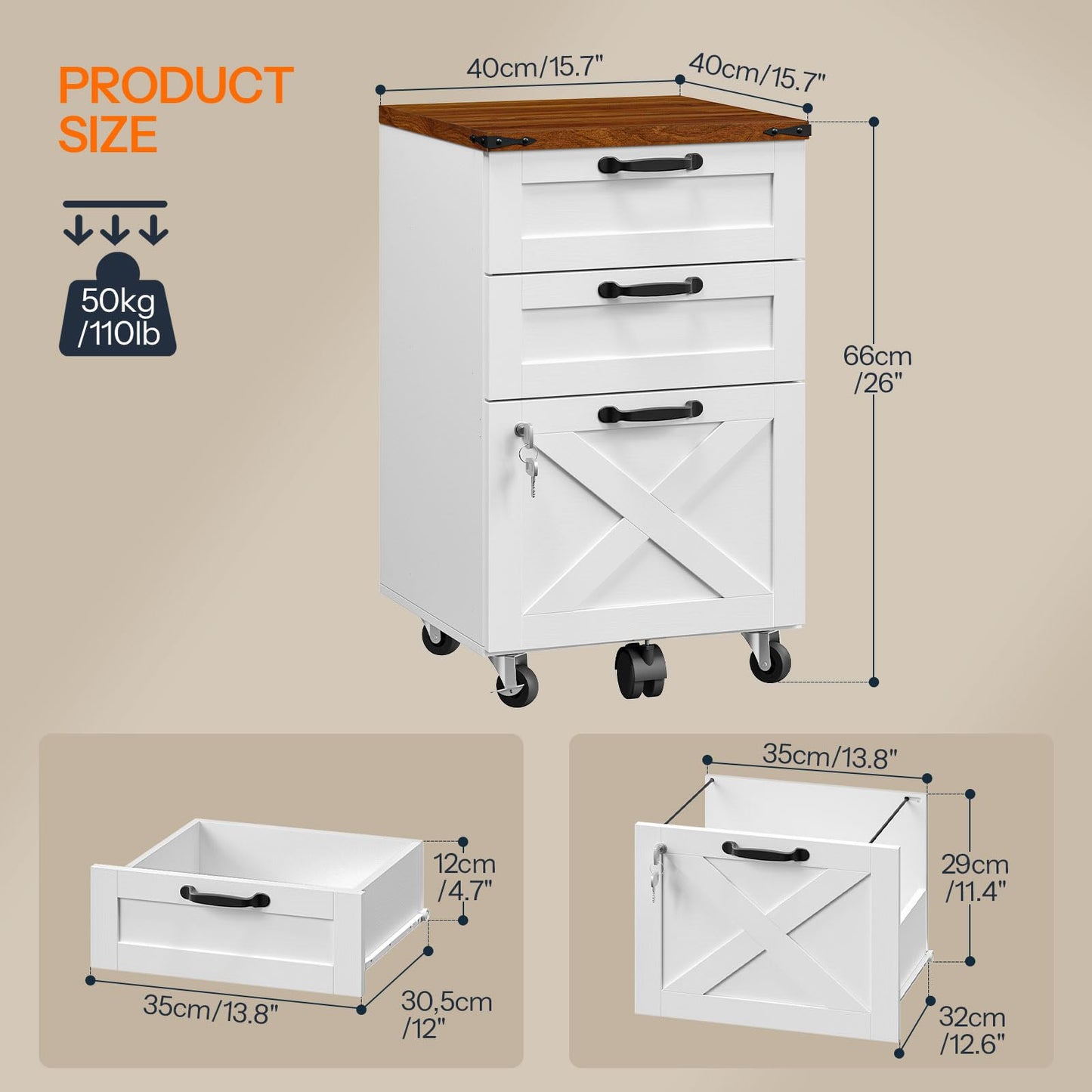 HOOBRO 3 Drawer File Cabinet with Lock, Mobile Farmhouse Filing Cabinet for A4/Letter Size, Under Desk Rolling Office Cabinet, Printer Stand with Storage for Home Office, White and Walnut WH67WJ01