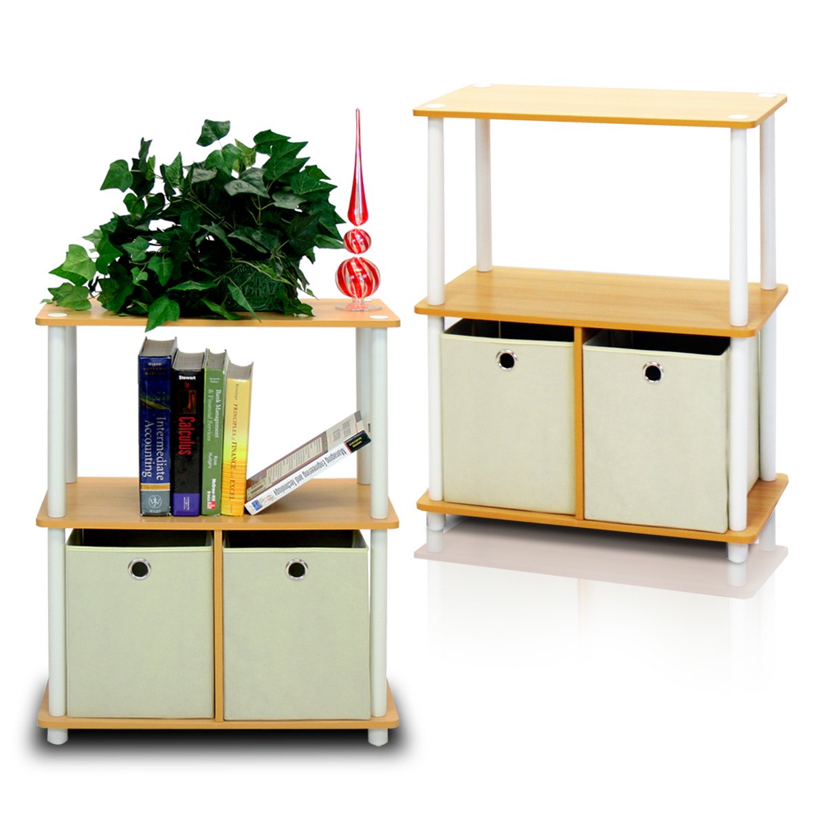 Furinno TURN-N-TUBE Storage Shelves Set of 2, 3-Tier Toolless Book Shelf with Storage Bins, Display Shelf, for Organization and Storage, Living Room, Garage, Home Office, Beech