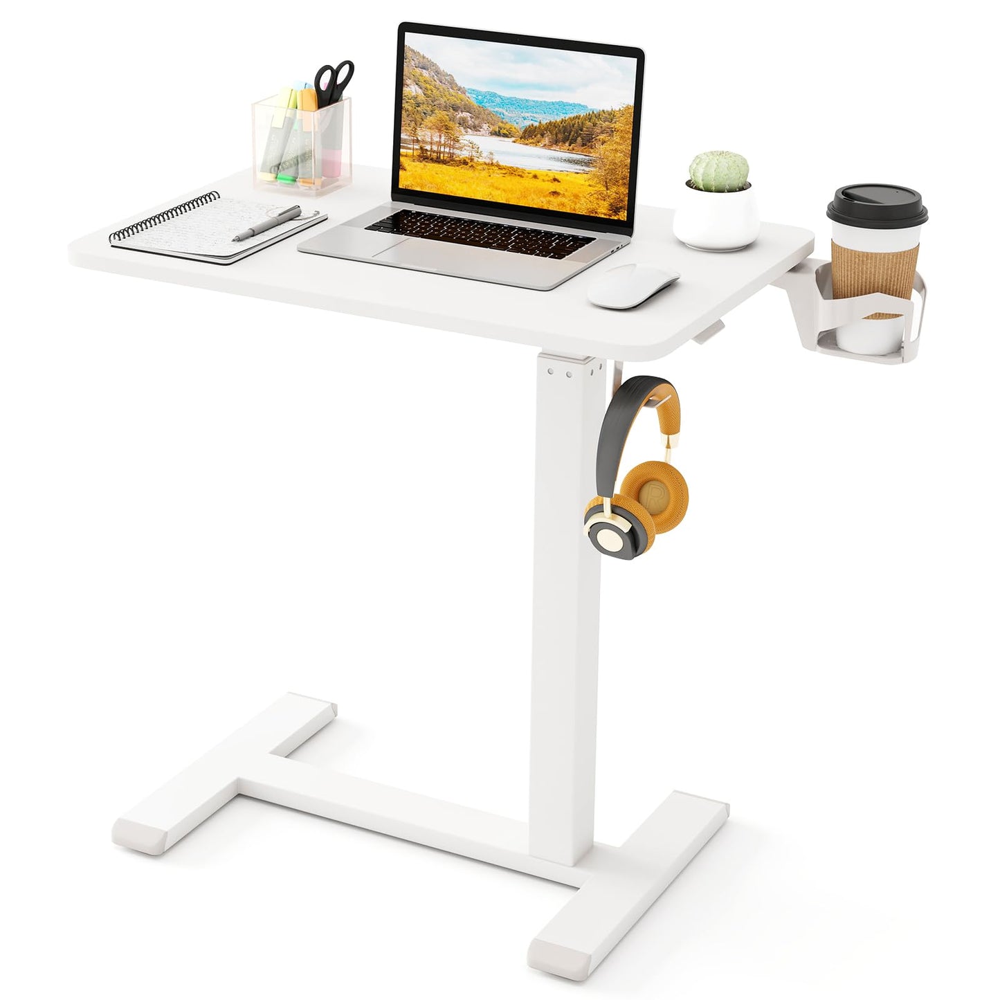 Tangkula Mobile Standing Desk, Pneumatic Height Adjustable Rolling Desk with Cup Holder & Headphone Hook, Overbed Table with Hidden Wheels, Laptop Computer Cart for Couch, Home, Office (White)