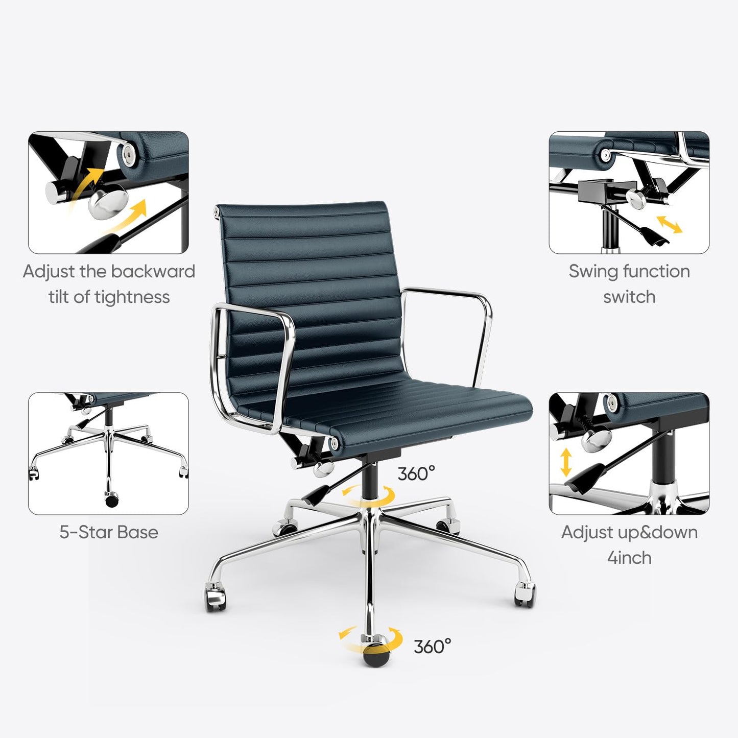 OTDMEL Ribbed Office Chair with Top Grain Leather - Mid Back Ergonomic Desk Chair with Aluminum Arms & Frame, Swivel Wheels & Tilt Function, Adjustable Height Dark Blue