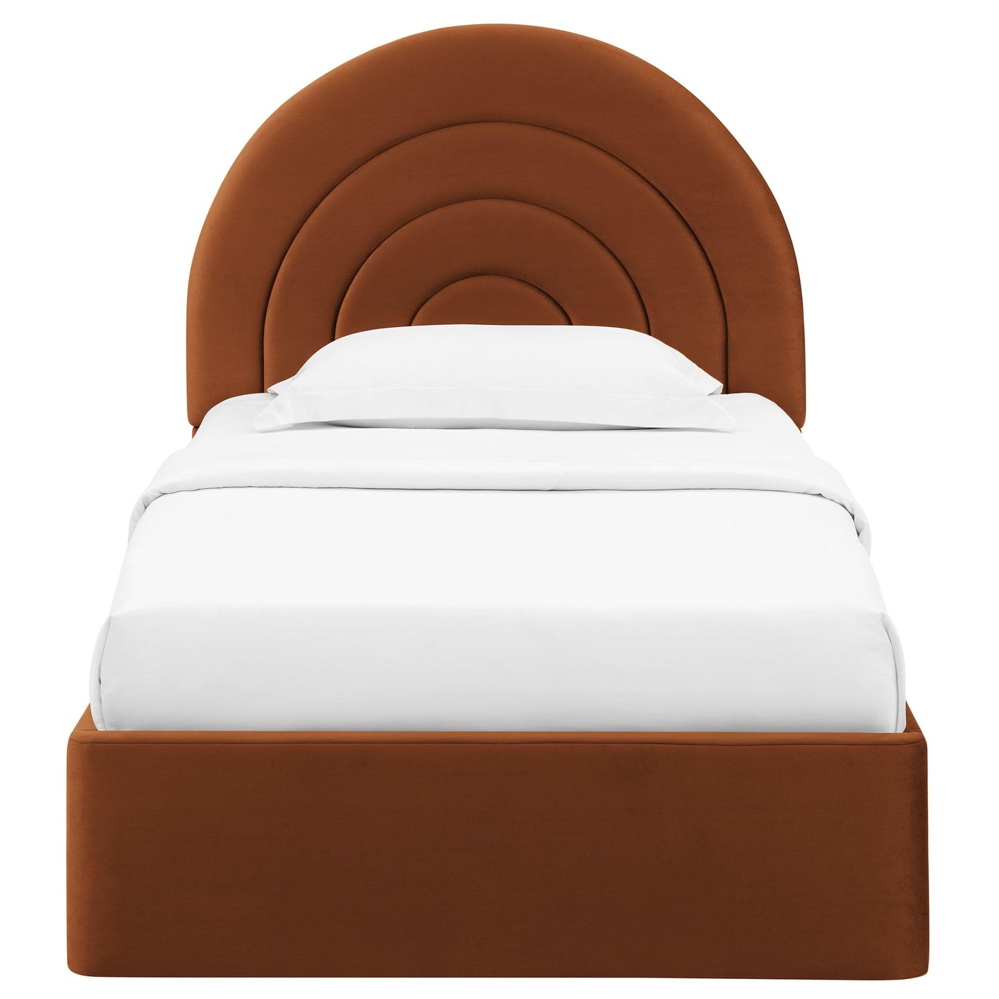 Modway Solana Twin Size Performance Velvet Platform Bed in Rust – Upholstered Bed Frame with Soft Arch Shaped Padded Headboard – Plinth Base Platform Bed Frame