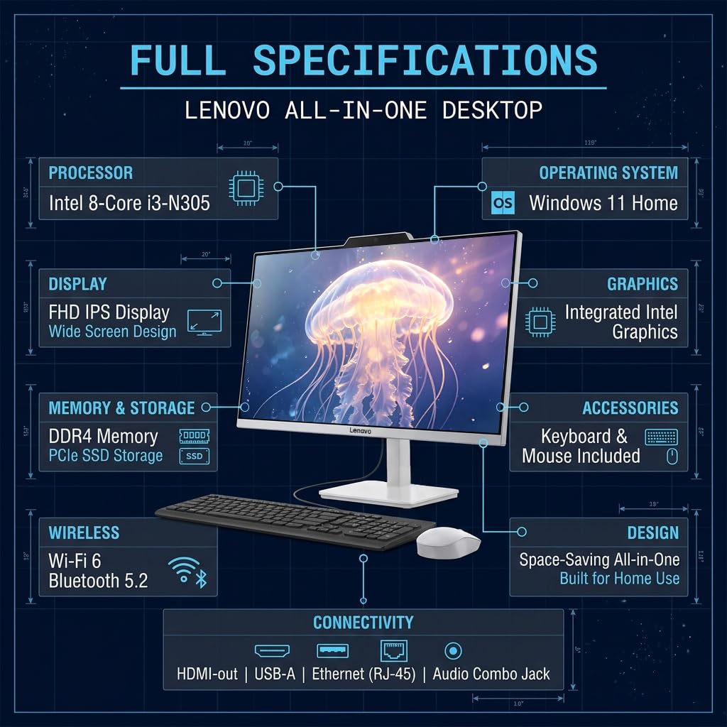 Lenovo All-in-One Desktop Computer, AIO 24 with Intel Core i3-N305, 16GB RAM, 512GB SSD, Office 365 for the Web, for Home Daily use and Remote Work, Video Streaming & Photo Editing, Windows 11 Home