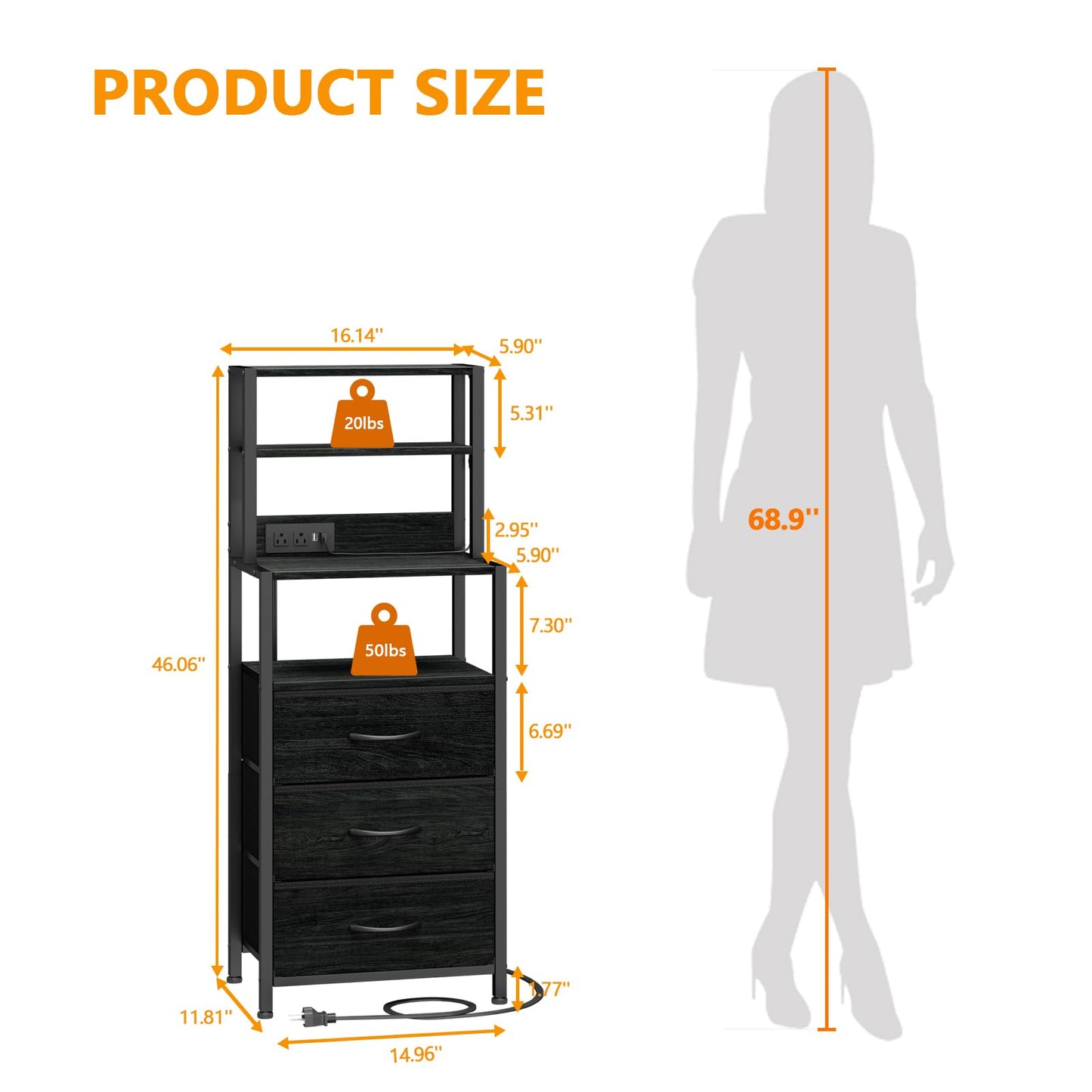 Furnulem Night Stand, Tall Nightstand with 4-Tier Shelves and 3 Fabric Drawers, LED Bed Side Tables with Charging Station, Bedside Table for Bedroom, Hallway, Home Office, Black Oak