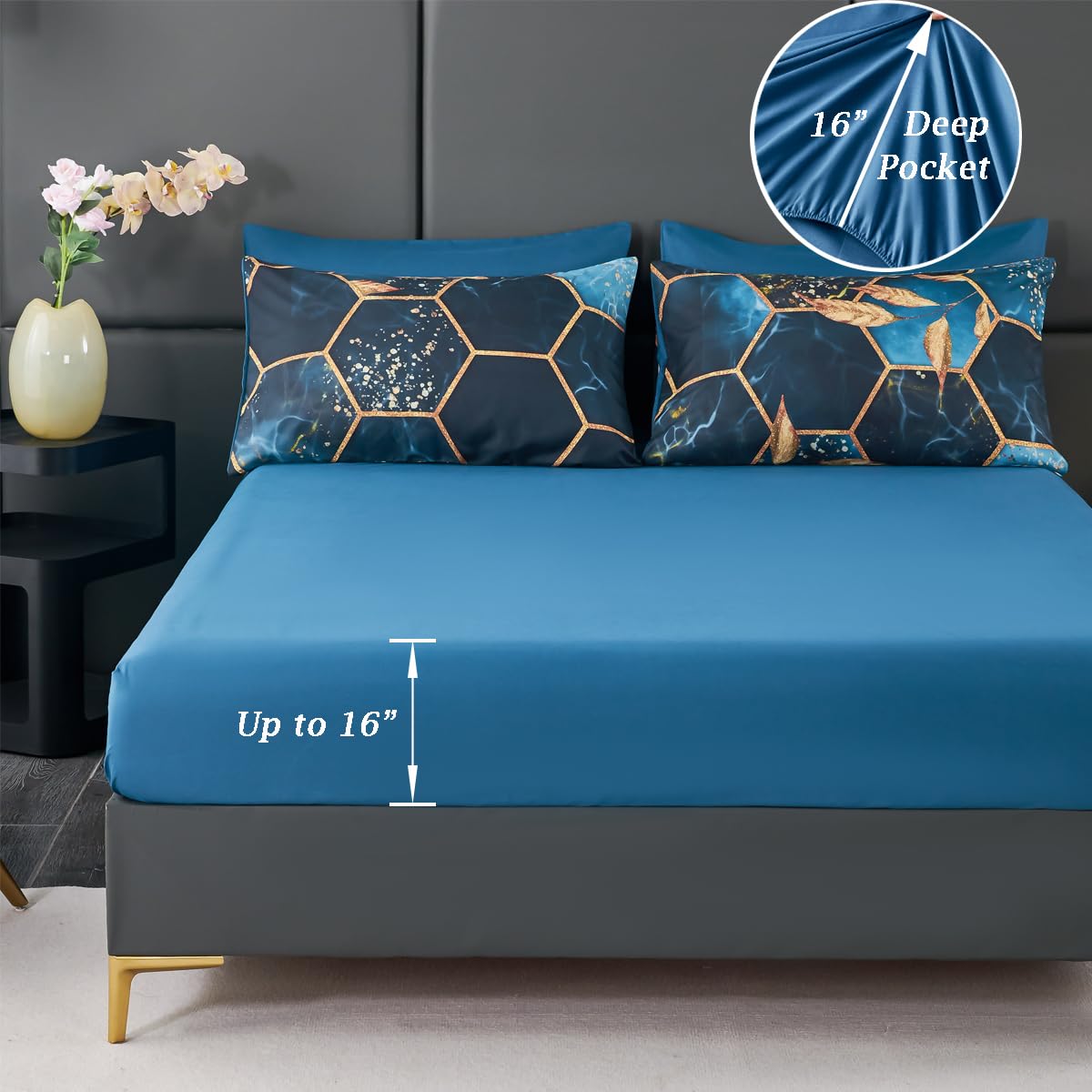 ZRNBAST 7 Pieces King Comforter Set with Sheets Drak Blue Geometric Honeycomb Bed Set Lightweight Gold Trim Print Marble King Size Quilt Set for Women Men(Royal Blue, King)