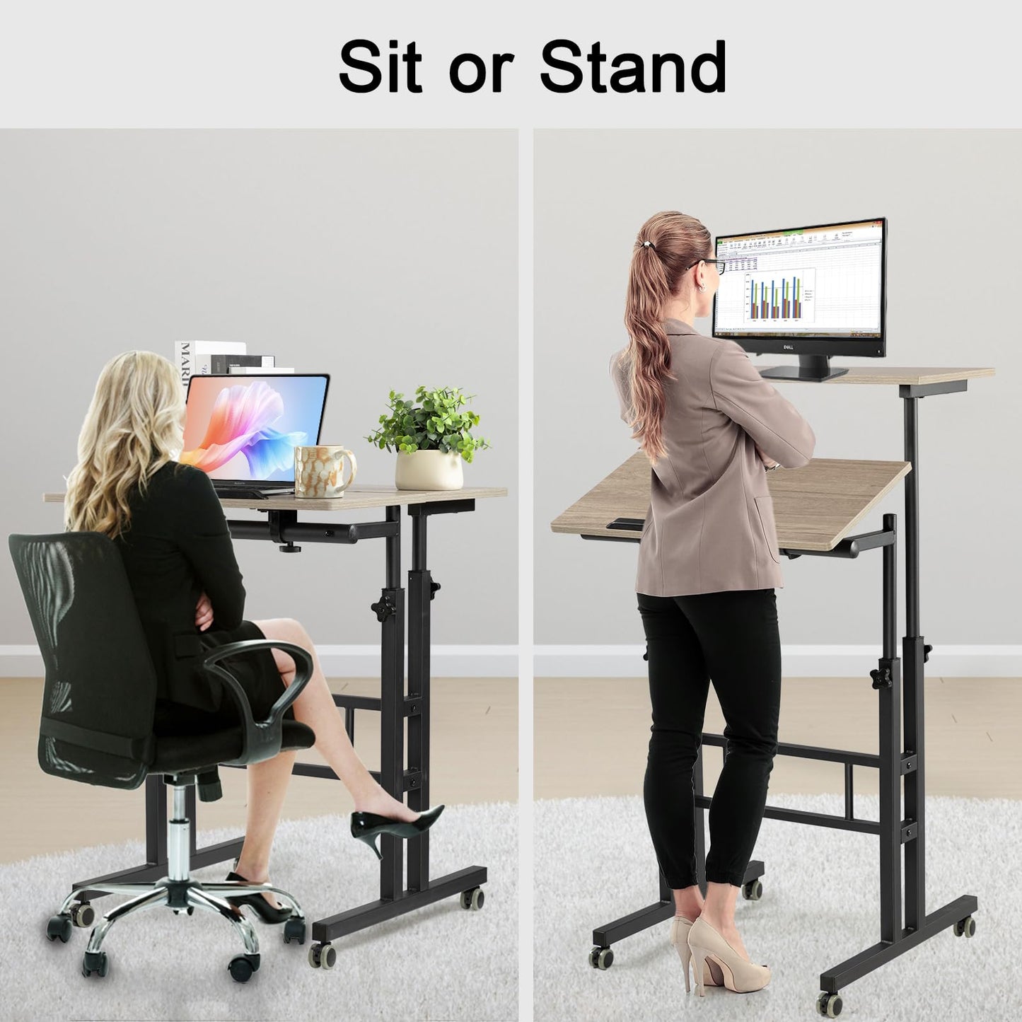 Hadulcet Mobile Standing Desk with Charging Station, Adjustable Standing Computer Desk, Standing Adjustable Laptop Cart with Wheels for Home Office Classroom Light Grey