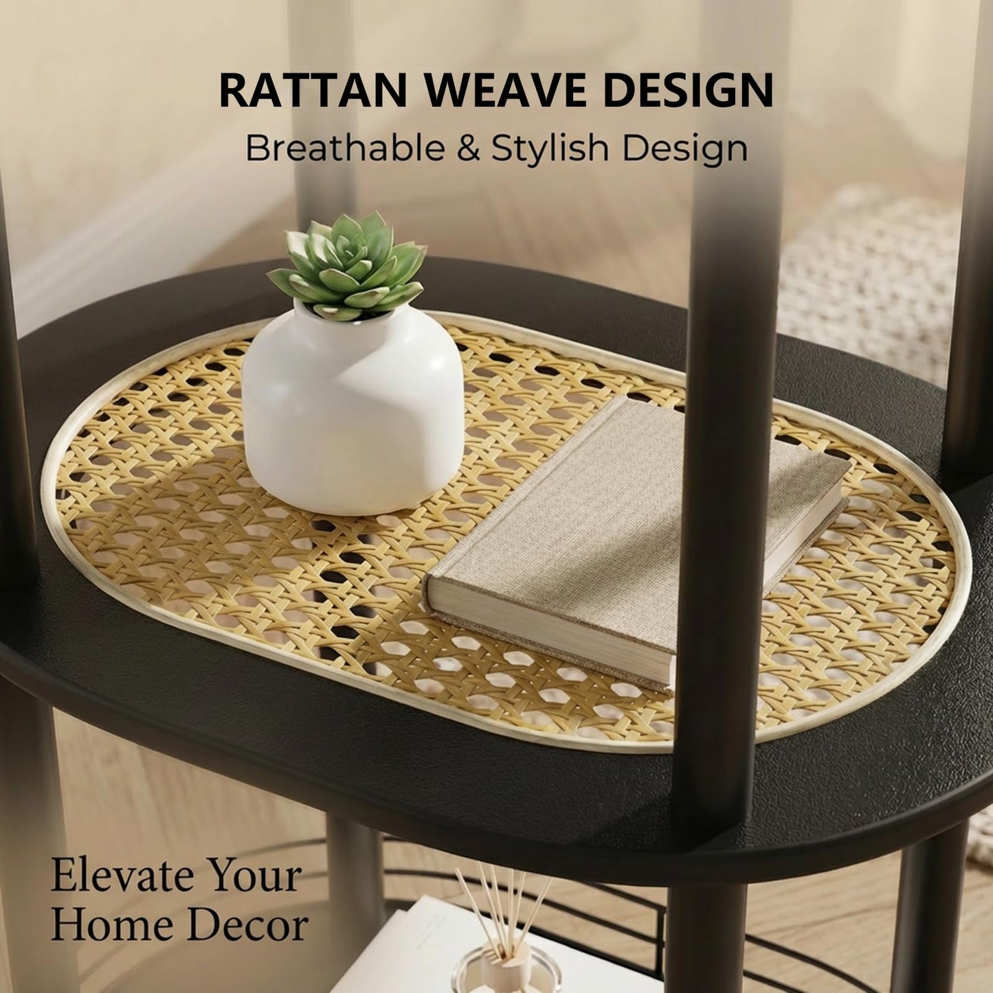 Small Rattan Side/Accent Table with Storage, 3 Tier Round/Oval End Table with Rattan Shelf & Metal Basket, Boho Nightstand, Tool Free Assembly/Screw-Hole Free Tabletop-Living Room Bedroom-Black