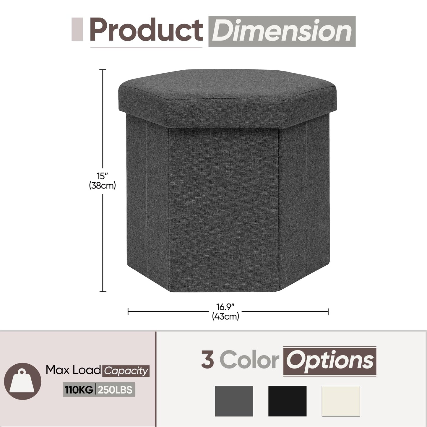 ZOLANOful Hexagon Storage Ottoman, Foldable Linen Footrest with Hidden Storage, Upholstered Ottoman Footstool for Living Room, Bedroom, Dorm, Entryway, 15 x 16.9 x 15 Inches, Grey