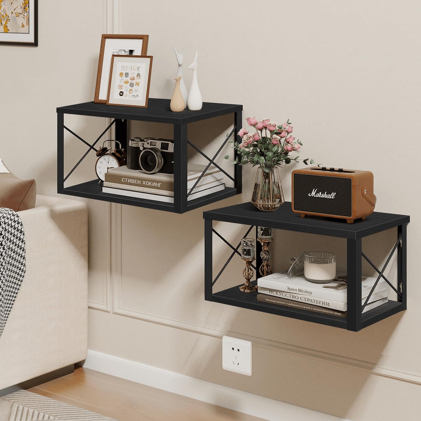 Homode Floating Nightstand, 2 Tier Wall Mounted Nightstand with Cable Hole, Wooden Floating Bedside Table, Bedside Wall Shelf for Bedroom Bathroom Living Room Kitchen Office, Black