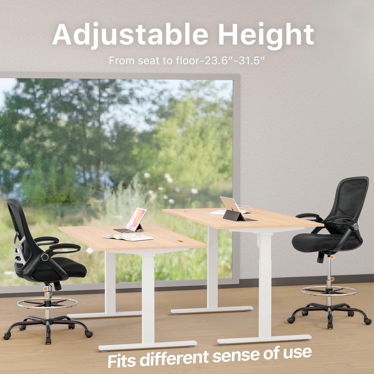 HYLONE Drafting Chair Tall Office Chair High-Back Mesh Standing Desk Stool with Adjustable Footrest Ring and Flip-Up Arms Black