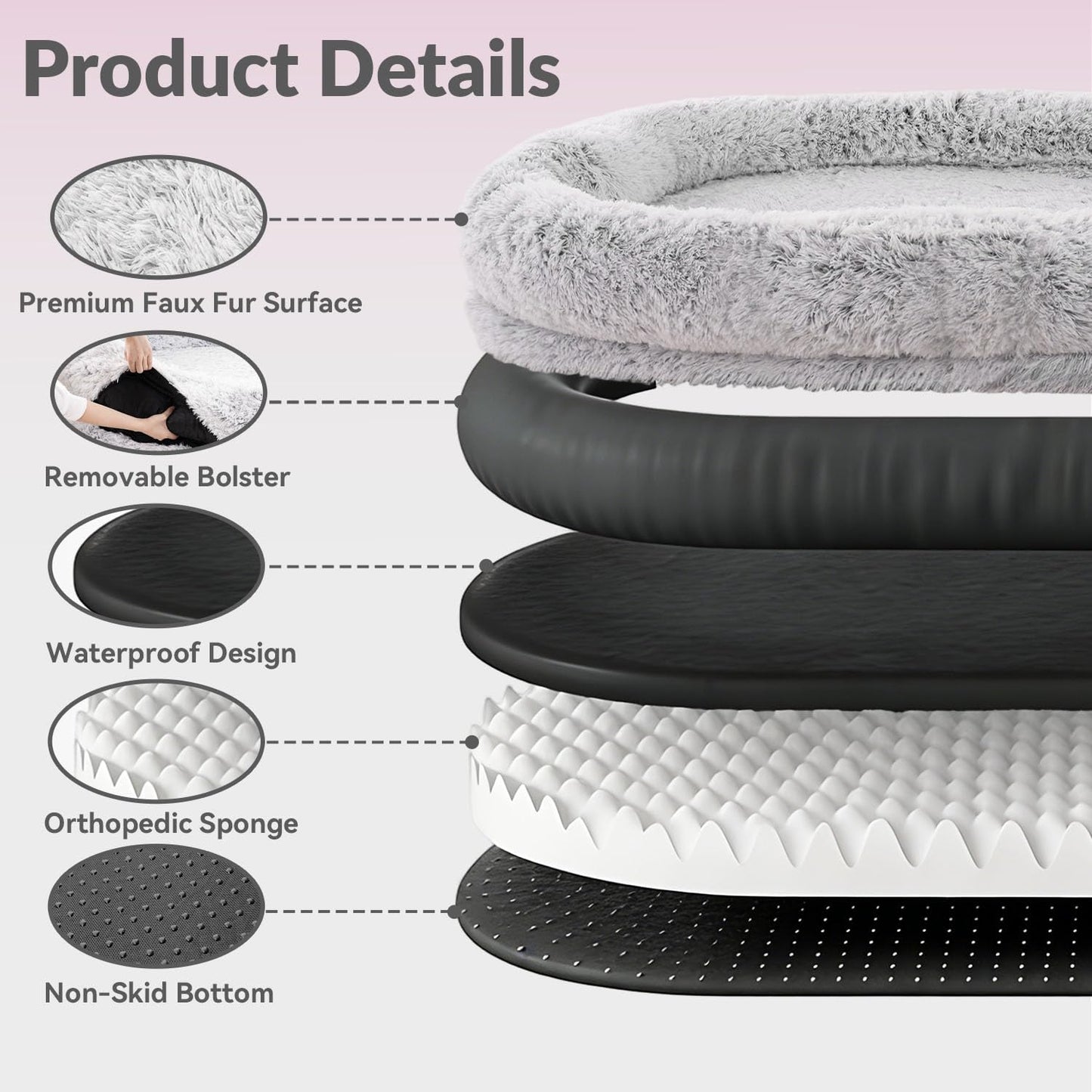 79"x44"x12.5" Human Dog Bed for Adult Faux Fur Washable Human Dog Bed Portable Handle, Egg Orthopedic Foam Human Bed Extra Large with Present Blanket Grey